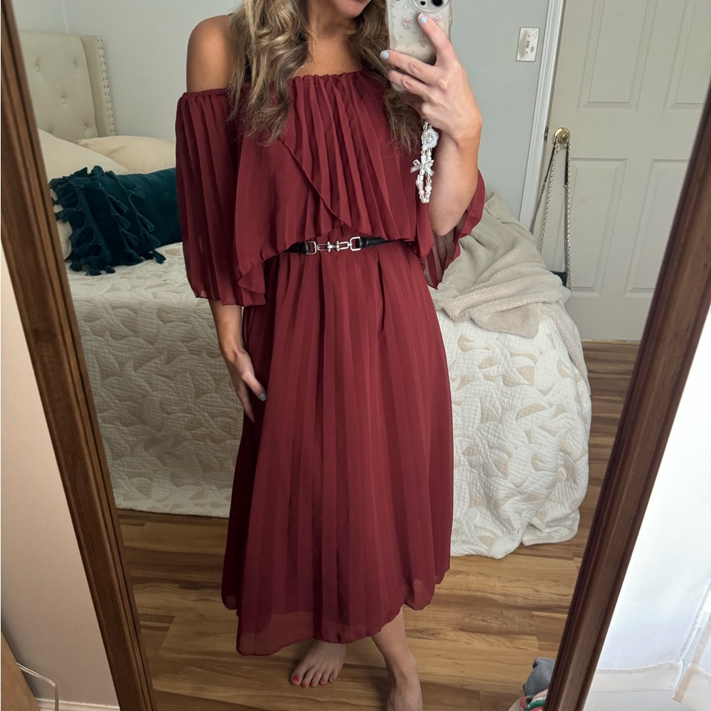 ASOS Rust Ruffle Strapless Dress accordion pleat midi off shoulder 6